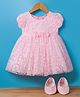 Babyhug 5 Layered Fit & Flare Soft Printed Mesh Puff Sleeves Party Frock Frock With Cotton Lining & Booties - Light Pink