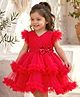 Babyhug Mesh Woven Frill Sleeves Solid Colour Frilled Dress with Bow Applique - Red