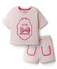 Bonfino 100% Cotton Knit Half Sleeves Oversized T-Shirt & Shorts Set with Bow Applique - Pink