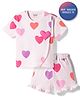 Bonfino 100% Cotton Knit Half Sleeves Oversized Co-ords T-Shirt & Shorts Set with Heart Print & Bow Applique - Pink