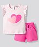 Bonfino 100% Cotton Knit Frill Sleeves T-Shirt & Shorts Set With Sequin Embroidery - Pink