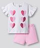 Bonfino 100% Cotton Knit Flutter Sleeves T-Shirt & Shorts Set With Heart Print - White & Pink