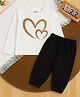 Luke and Lilly Cotton Blend Knit Full Sleeves Hearts Printed Tee & Joggers Set - White & Black