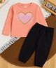 Luke and Lilly Cotton Blend Knit Full Sleeves Heart Printed Tee & Joggers Set - Pink & Black