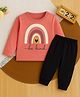 Luke and Lilly Cotton Blend Knit Full Sleeves Be Kind Text Printed Tee & Pant Set - Coral & Black