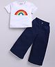 M'andy Denim Knit Half Sleeves Rainbow Printed Tee & Pant Set - White And Blue