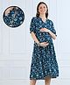 MomToBe Viscose Rayon Woven Half Puffed Sleeves Floral Printed Maternity Dress With Side Zipper Nursing Access - Cobalt Blue