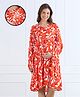 MomToBe Viscose Rayon Woven Full Sleeves Floral Printed Maternity Dress With Side Zipper Nursing Access - Neon Orange