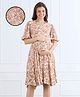 MomToBe Viscose Rayon Woven Half Puffed Sleeves Floral Printed Maternity Dress With Side Zipper Nursing Access - Beige