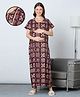MomToBe Cotton Woven Half Sleeves Geometric Printed Maternity Nighty With Side Zipper Nursing Access - Claret Wine