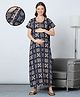 MomToBe Cotton Woven Half Sleeves Geometric Printed Maternity Nighty With Side Zipper Nursing Access - Navy Blue
