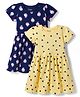 Honeyhap Premium 100% Cotton Knit With Bio Finish Frocks With Heart & Floral Print Pack of 2 - Navy Peony & Pale Banana