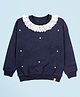 Kiddopanti Fleece Knit Full Sleeves Pearls Embellished Lace Detailed Light Winter Sweatshirt - Navy Blue