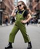 OLLINGTON ST. Cotton Sinker Knit Dungaree & Half Sleeves Inner Top with Text Print - Black & Olive Green