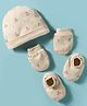 Simply Interlock Knit Cap Mittens & Booties With Animal Print Beige - Diameter 16 cm