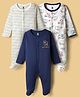 I Bears Interlock Knit Full Sleeves Striped & Vehicle Printed Footed Sleep Suits Pack of 3 - Navy Blue & White