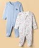 I Bears Interlock Knit Full Sleeves Front Open Sleep Suits with Floral Print Pack of 2 - Light Blue & White