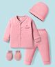 I Bears Interlock Knit Full Sleeves Front Open Night Suit with Cap & Mittens - Pink