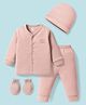 I Bears Interlock Knit Full Sleeves Front Open Night Suit with Cap & Mittens - Rose Gold