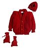 Little Angels Wool Knit Full Sleeves Textured Cardigan Cap & Socks Set - Red