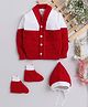 Little Angels Wool Knit Full Sleeves Colour Blocked Cardigan Cap & Socks Set - Red