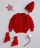Little Angels Wool Knit Full Sleeves Textured Cardigan Cap & Socks Set - Red