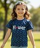 Pranava Organic Cotton Knit Half Sleeves Flower Text & Floral Printed Top - Navy Blue