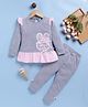 TOONYPORT Cotton Knit Full Sleeves Bunny & Smile Cute Text Patch Detailed Top With Pant Set - Grey