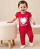 Doodle Poodle 100% Cotton Knit Half Sleeves Night Suit With Cat & Heart Print - Red