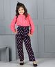 Cutiekins Woven Full Sleeves Pearls Embellished Top & Pant Set - Coral & Navy Blue