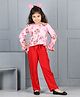 Cutiekins Woven Full Sleeves Round Neck Printed Top & Palazzos Set - Pink & Red