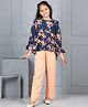 Cutiekins Woven Three Fourth Sleeves Floral Printed Top & Palazzo Set - Navy Blue & Peach