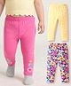 Babyhug Cotton Lycra Knit Full Length Leggings with Floral Print Pack of 3 - Light Orange Pink & Navy Blue