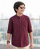 Pine Kids 100% Cotton Woven Full Sleeves Solid Colour Mandarin Colour Shirt - Wine