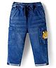 Bonfino Woven Full Length Washed Jeans With Tiger Embroidery & Patch Pockets - Blue