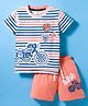 Mini Donuts Sinker Knit Half Sleeves Striped T-Shirt & Shorts Set with Bike Patch Detailing - Peach