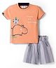 Mini Donuts Sinker Knit Half Sleeves T-Shirt & Shorts Set with Animal Graphic & Striped - Orange