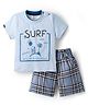 Mini Donuts Sinker Knit Half Sleeves T-Shirt & Checkered Shorts Set with Text Graphic - Light Blue