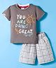 Mini Donuts Sinker Knit Half Sleeves T-Shirt & Shorts Set with Text Graphic & Checks - Grey