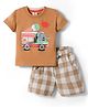 Mini Donuts Sinker Knit Half Sleeves T-Shirt & Shorts Set with Elephant Graphic & Checks - Brown