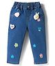 Bonfino Woven Full Length Denim Jeans with Floral Print & Applique - Blue