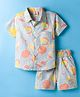 Mini Donuts Cotton Knit Half Sleeves Co-ords Shirt & Shorts Set with Tropical Theme Print - Light Blue