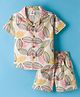 Mini Donuts Cotton Knit Half Sleeves Co-ords Shirt & Shorts Set with Leaves Print - Peach