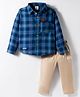 Mini Donuts Cotton Woven Full Sleeves Checks Shirt & Trouser Set With Teddy Bear Patch - Blue & Beige