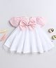 Many frocks & Net Woven Half Puffed Sleeves Bow Applique Detailed Dress - Pink & White