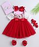 Many frocks & Net Woven Half Sleeves Lace Detailed Dress With With Mittens Booties & Headband - Red & White