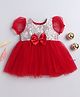 Many frocks & Net Woven Half Puffed Sleeves Floral Embroidered Bow Applique Detailed Dress - Red & Cream