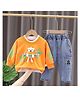 POP STREET KIDS Cotton Knit Full Sleeves Teddy Printed Light Winter Sweatshirt With Jeans Set - Orange