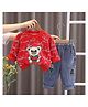 POP STREET KIDS Cotton Knit Full Sleeves Teddy Printed Light Winter Sweatshirt With Jeans Set - Red