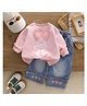POP STREET KIDS Cotton Knit Full Sleeves Teddy Printed Light Winter Sweatshirt With Denim Pants Set - Pink